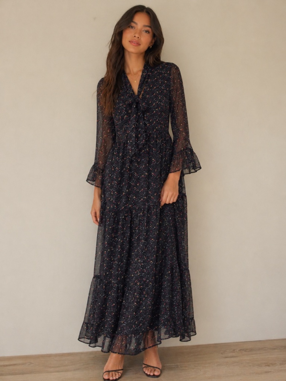 Zara maxi dress S sheer/slip ruffle/tiered tie neck chiffon dark cottage core